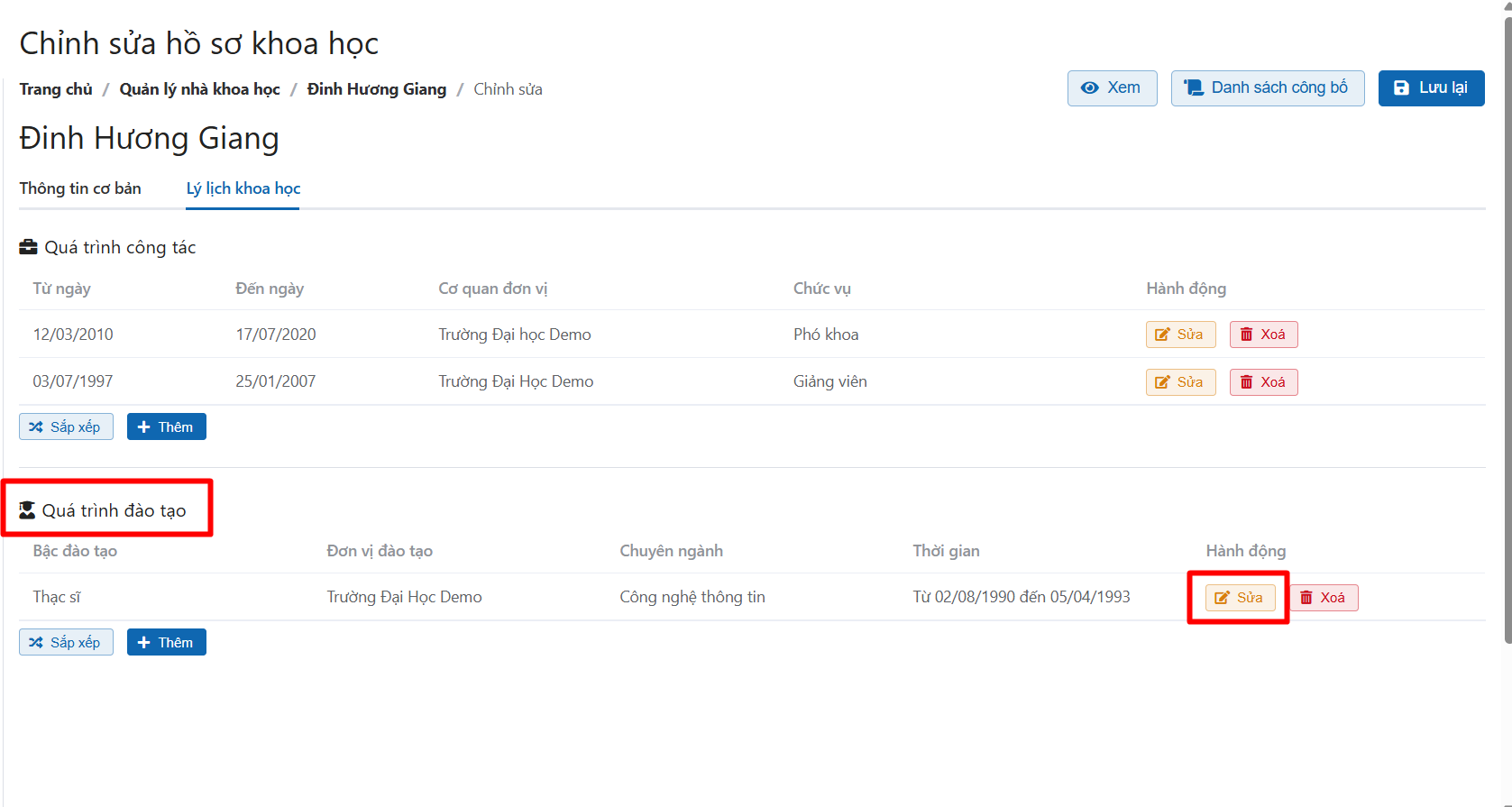 chỉnh sửa thông tin